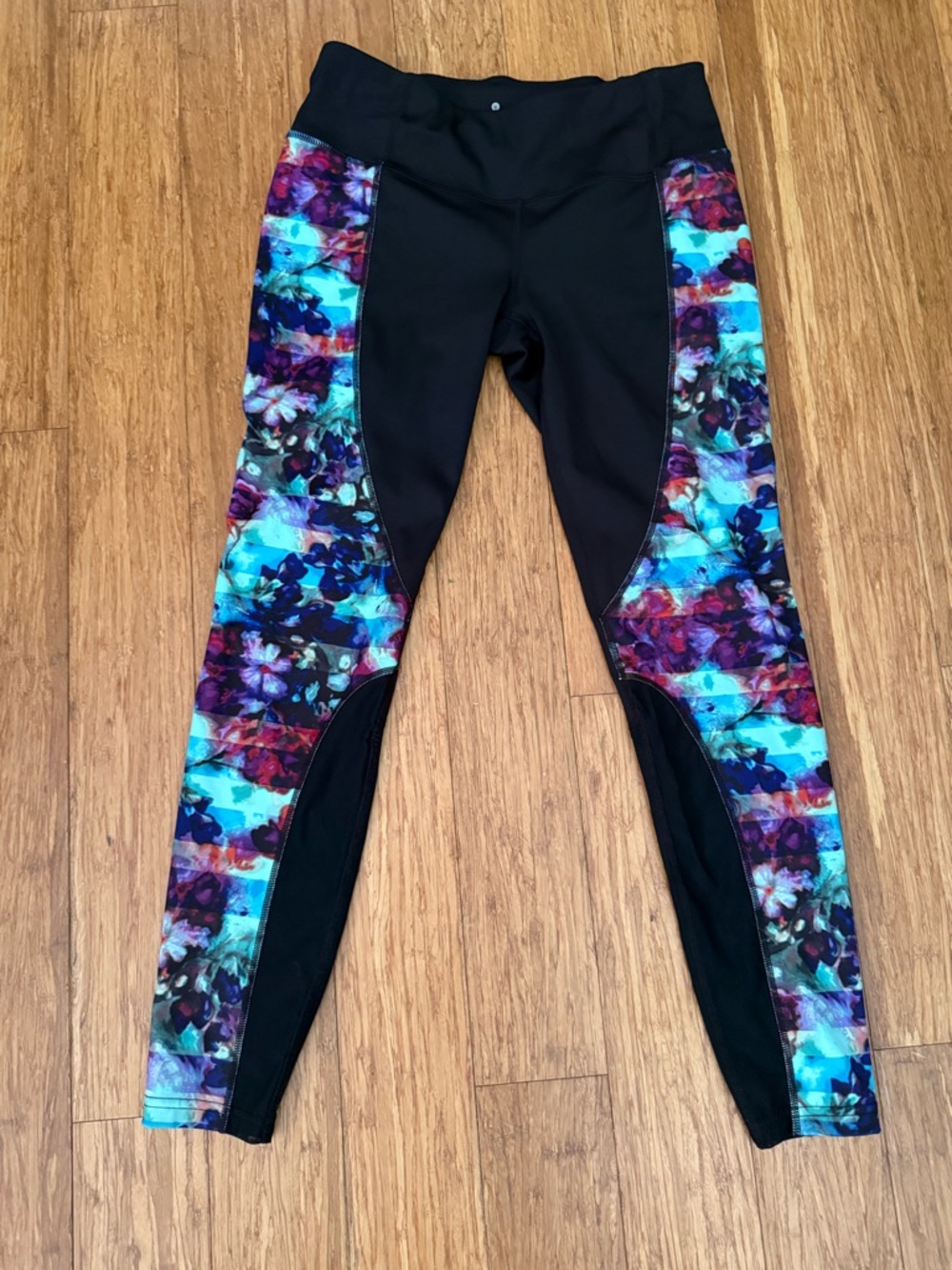Athleta Black Leggings with Colorful Floral Side Panels